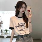 Round-neck Color Block Lettering Short-sleeve Top