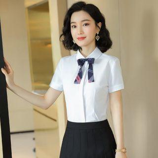 Short-sleeve Plain Shirt / Pleated A-line Mini Skirt / Set