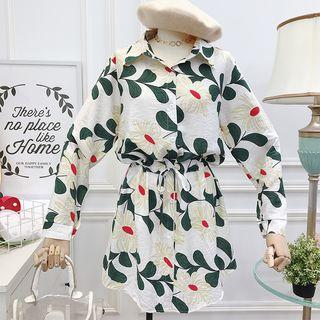 Drawstring-waist Flower-print Shirt Dress