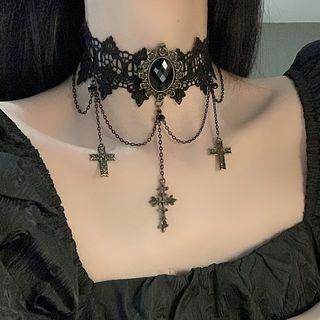 Layered Rhinestone Cross Lace Choker Black - One Size