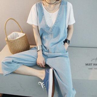Plunge-neck Wide-leg Overall Jeans