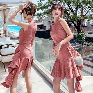 Striped Ruffle Trim Sleeveless A-line Dress