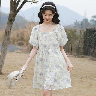 Puff-sleeve Print Mini A-line Dress Floral - White - One Size