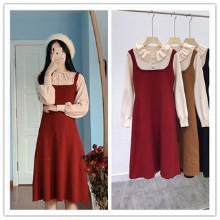 Mock Two-piece Long-sleeve Knit Midi A-line Dress