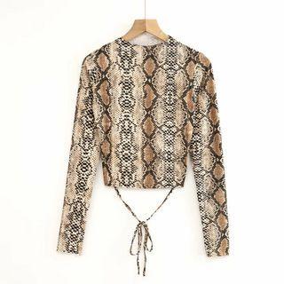 Long-sleeve Print Tie-strap Cropped T-shirt