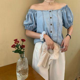 Button-detail Off-shoulder Denim Blouse