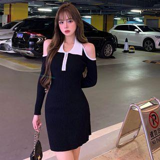 Collared Cold-shoulder Knit Mini Sheath Dress