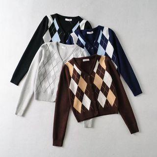Long Sleeve Argyle Print Crop Cardigan