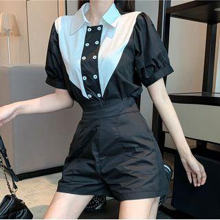 Short-sleeve Double-breasted Paneled Shirt / Wide Leg Shorts