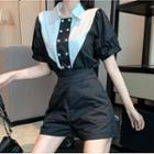 Short-sleeve Double-breasted Paneled Shirt / Wide Leg Shorts