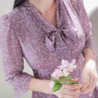 Tie-neck Bell-sleeve Floral Dress Purple - One Size