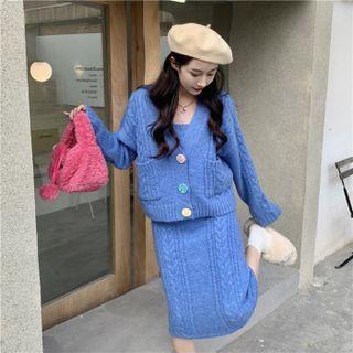 V-neck Cardigan / Tank Top / Midi Pencil Skirt