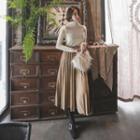 Set: Turtle-neck Top + Pleated Long Knit Skirt With Belt