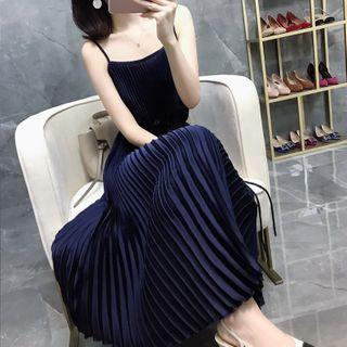 Spaghetti Strap Pleated Midi A-line Dress