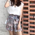 Mesh Overlay Ribbed Sleeveless Top / Printed Wide Leg Shorts