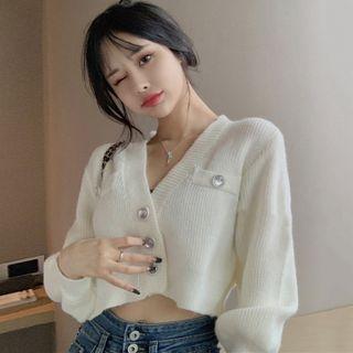Embellished Cropped Cardigan White - One Size