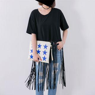 Plain Fringed Elbow Sleeve T-shirt