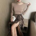 Long-sleeved Cutout T-shirt / Leopard-print Mini Skirt