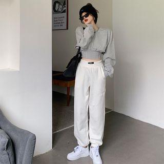 Puff-sleeve Plain Cropped Sweatshirt / High-waist Plain Pants