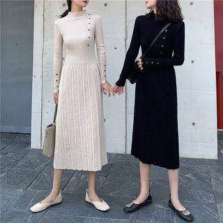Mock-neck Long-sleeve Midi A-line Knit Dress