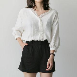 3/4-sleeve Lace-trim Blouse