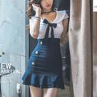 Ruffle Hem Sailor Collar Short-sleeve Bodycon Dress