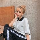 Set: Elbow-sleeve Color Block Polo Shirt + Striped Trim Harem Pants