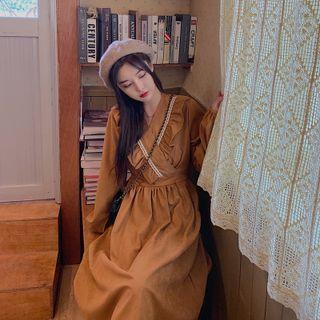 V-neck Two Tone Lace Ruffle A-line Dress