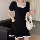 Balloon-sleeve Crochet Trim A-line Dress Black - One Size