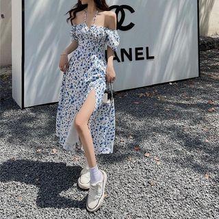 Puff-sleeve Off-shoulder Halter Neck Floral Midi A-line Dress