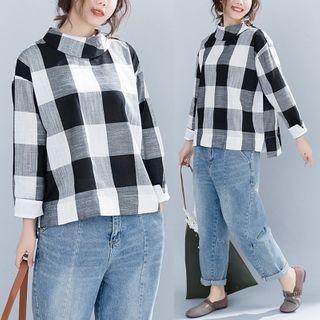 Plaid High-neck Long-sleeve T Shirt Black - F