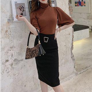 Mock-turtleneck Elbow-sleeve Blouse / High-waist Belted Pencil Skirt