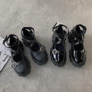 Platform Heart Buckle Cross Strap Mary Jane Pumps