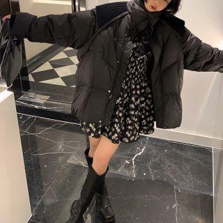Long-sleeve Floral Print Mini A-line Dress / Turtleneck Top