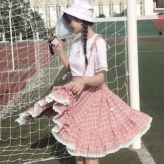 Short-sleeve T-shirt / Plaid Midi A-line Ruffle Trim Jumper Skirt / Set