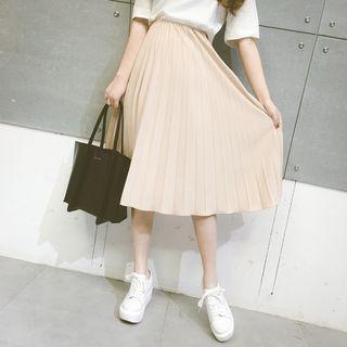 Pleated Midi A-line Skirt Beige - One Size