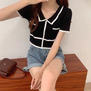 Polo-neck Two-tone Cropped Knit Top