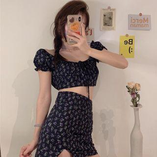 Set: Balloon-sleeve Floral Print Cropped Blouse + A-line Skirt