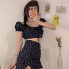 Set: Balloon-sleeve Floral Print Cropped Blouse + A-line Skirt