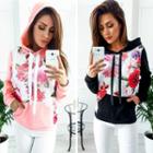 Long-sleeved Floral Print Hooded Slim Sweatshirt