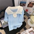 Short-sleeve Collared Knit Top Blue - One Size