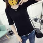 Scallop Trim Elbow Sleeve Knit Top