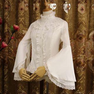 Mock-turtleneck Bell-sleeve Ruffled Blouse
