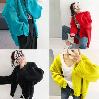 Marble-button Vivid-color Boxy Cardigan