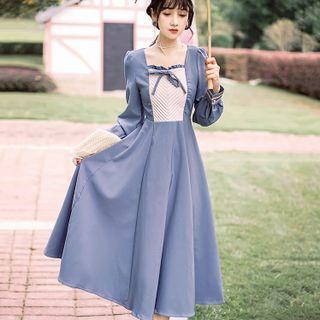 Long-sleeve Square-neck Bow Midi A-line Dress