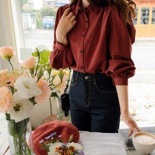 Balloon-sleeve Polka-dot Blouse Red - One Size