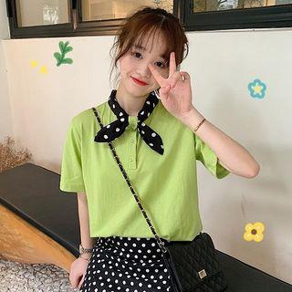 Short-sleeve Polka Dot Paneled Placket T-shirt