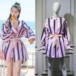 Short-sleeve Tie-waist Striped Dress