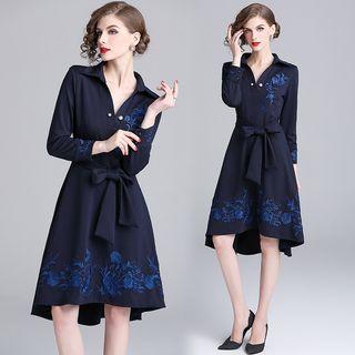 3/4-sleeve Embroidered A-line Collared Dress