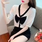 Short-sleeve Bow Accent Pointelle Knit Top